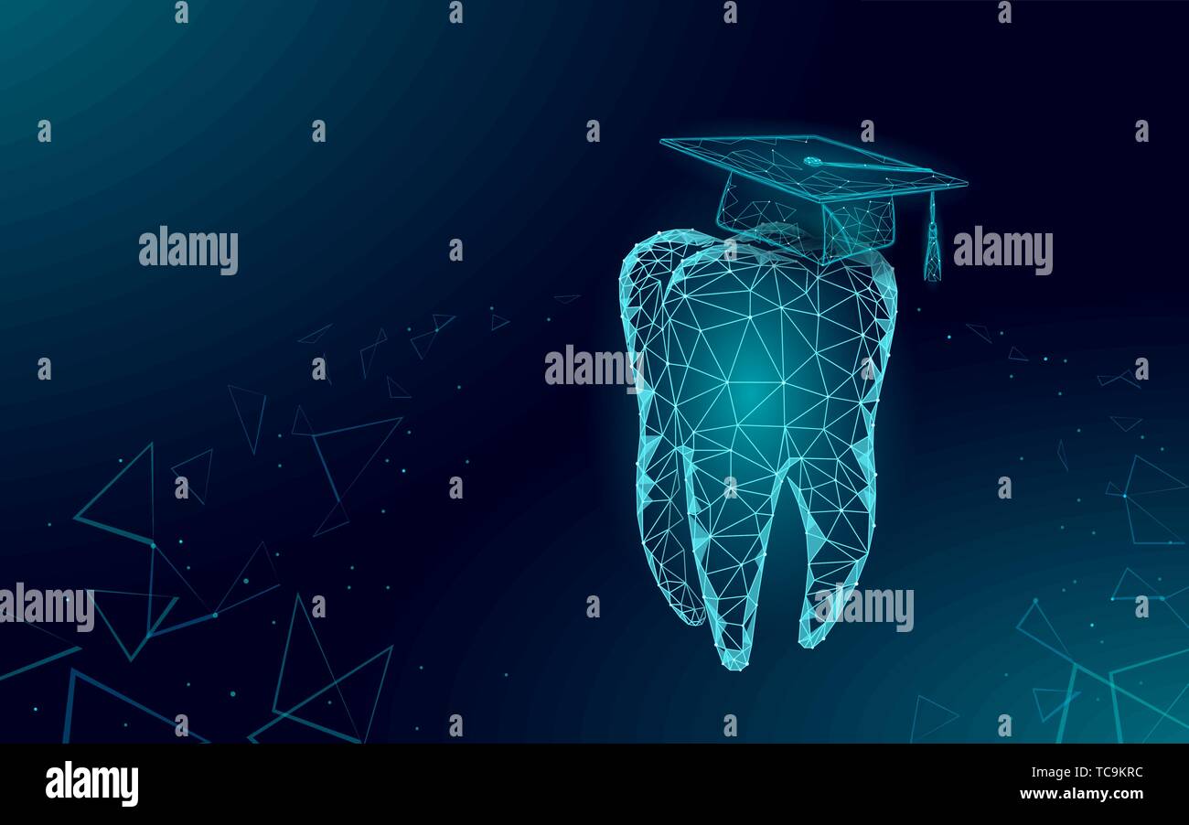 L'E-learning distanza medicina dentale certificato di laurea il concetto di programma. Bassa poli 3D render graduazione il tappo sul dente modello di pagina di intestazione. Internet Illustrazione Vettoriale