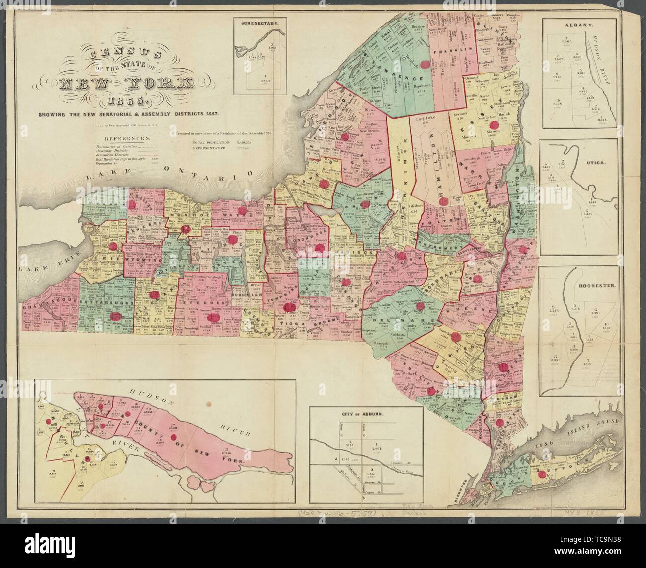 Censimento della popolazione dello Stato di New York, 1855. Hayward, George, circa 1800- (litografo). Mappe della città di New York e lo stato intero. Data di pubblicazione: 1857 Foto Stock