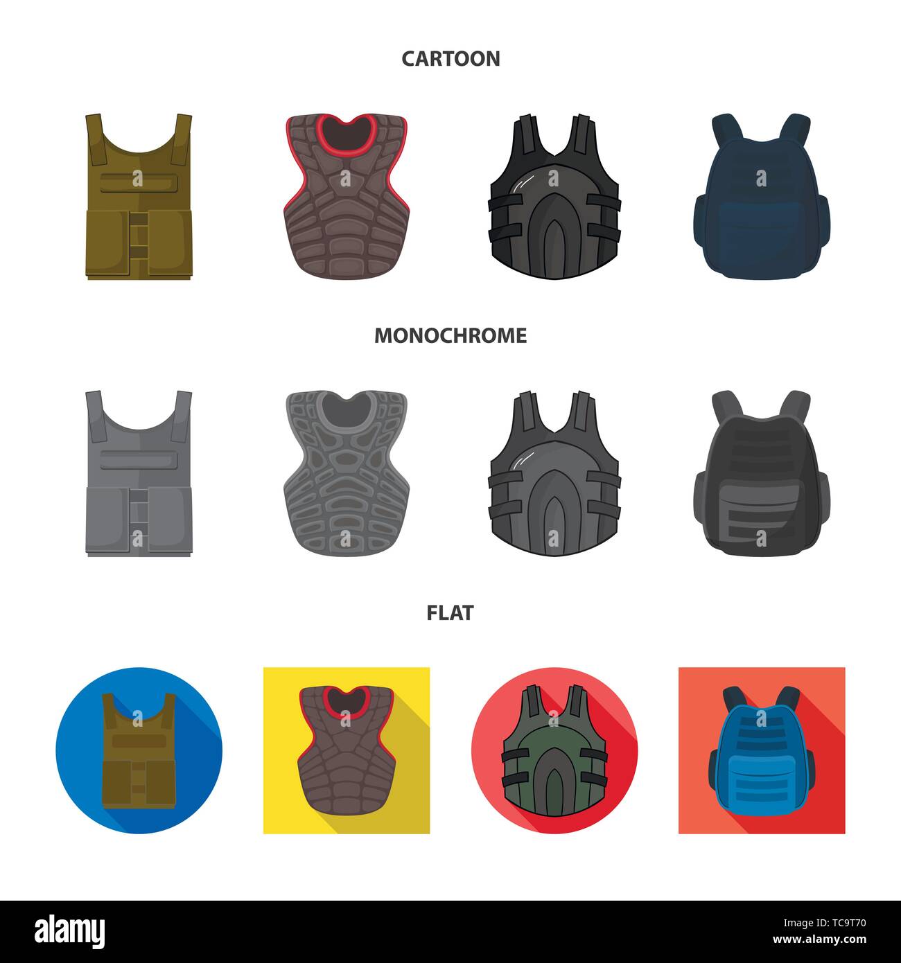 Oggetto isolato di Flak Jacket e segno. Raccolta di flak e corpo stock illustrazione vettoriale. Illustrazione Vettoriale