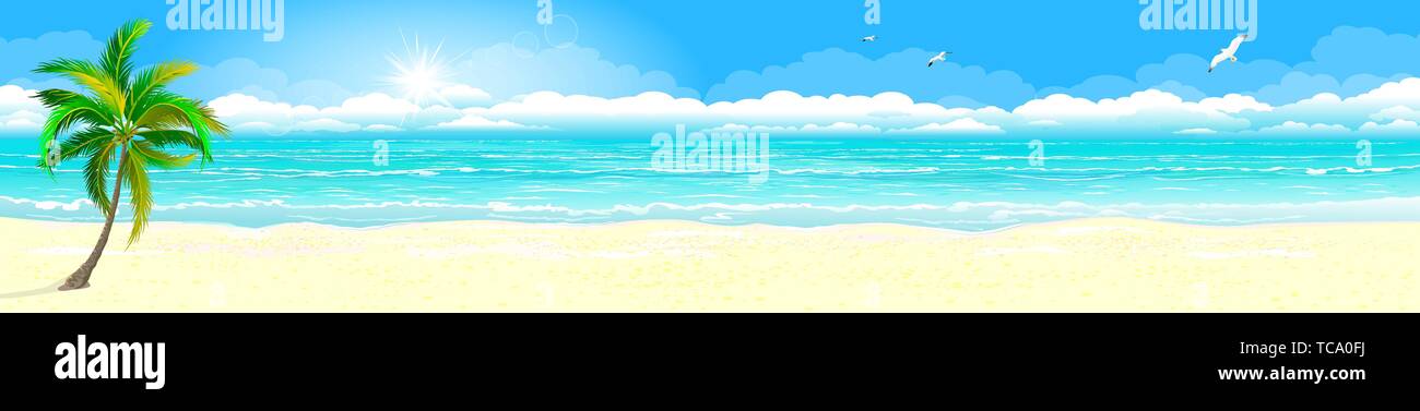 Panorama di una spiaggia sabbiosa tropicale. Costa dell'oceano. Il paesaggio della costa tropicale. Mare paesaggio. Mare, cielo, sole e sabbia. Illustrazione Vettoriale