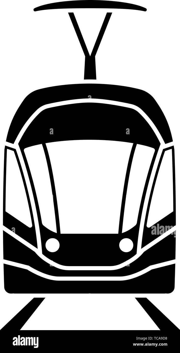 Icona del Tram vista frontale. Nero su bianco. Illustrazione Vettoriale. Illustrazione Vettoriale