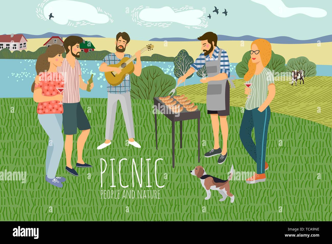 Il Picnic. Carino appartamento vettore illustrazione orizzontale di Le Mans e womans poggiante sulla natura contro lo sfondo del paesaggio rurale . Disegno di h Illustrazione Vettoriale