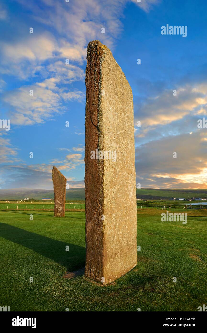 Neolitico pietre permanente di Stenness, Isola di Orkney, Scozia. Foto Stock