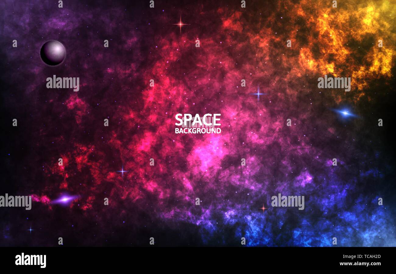 Nebulosa colorati. Spazio realistico sfondo. Cosmo colore sfondo. Galassia a spirale e stelle lucenti. Pianeta e Stardust. Abstract spazio futuristico Illustrazione Vettoriale
