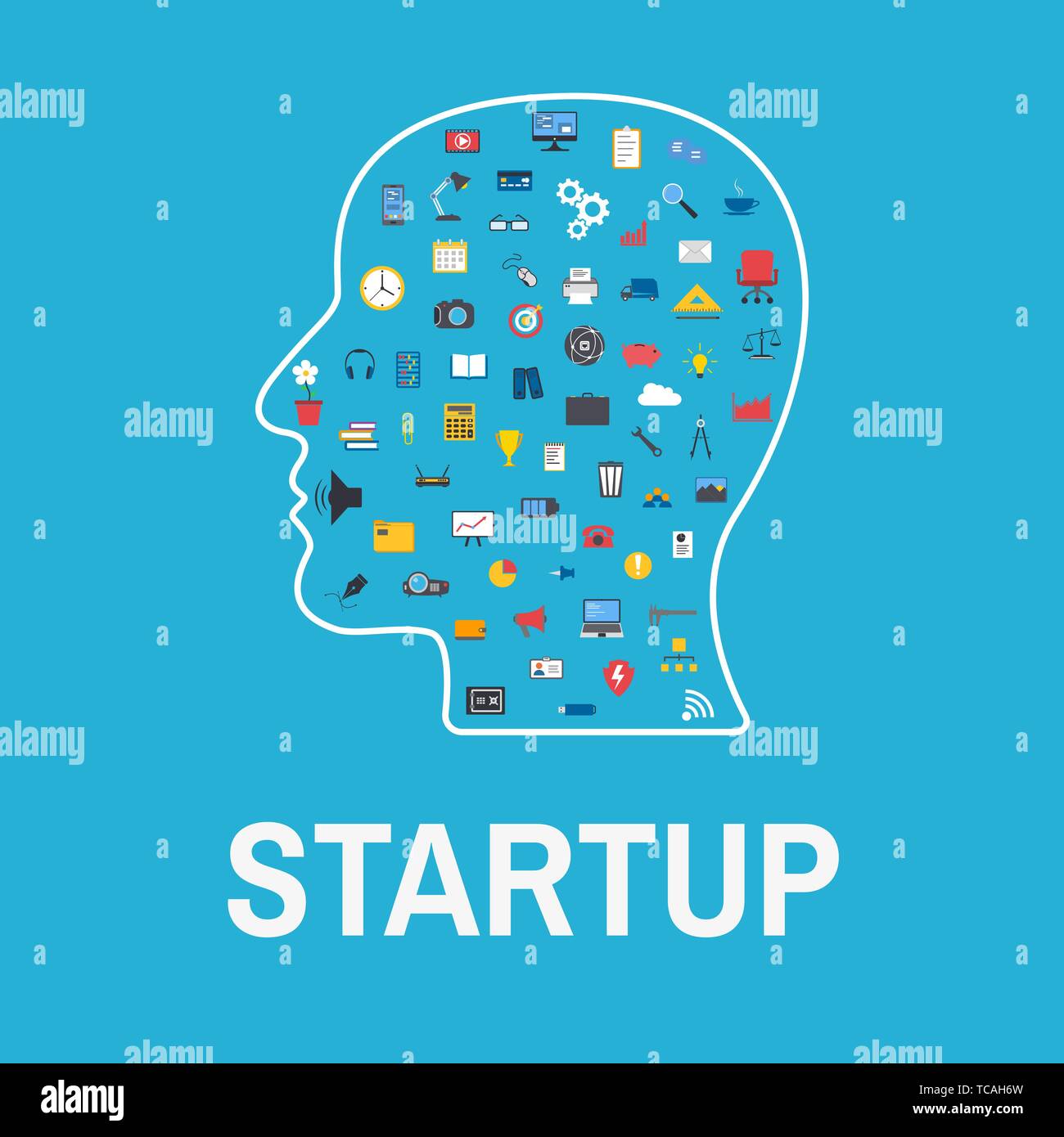 Avvio del concetto di testa con le icone di business. L'avvio della costruzione e dello sviluppo. Illustrazione Vettoriale di word startup e la testa con le icone. Design piatto Illustrazione Vettoriale