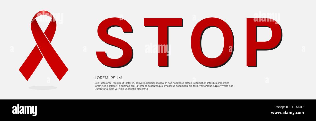 Poster, nastro, salute. Giornata mondiale dell Aids. Stop AIDS - 1 dicembre. Il nastro rosso è il simbolo universale di consapevolezza e di supporto per le persone che vivono wi Illustrazione Vettoriale