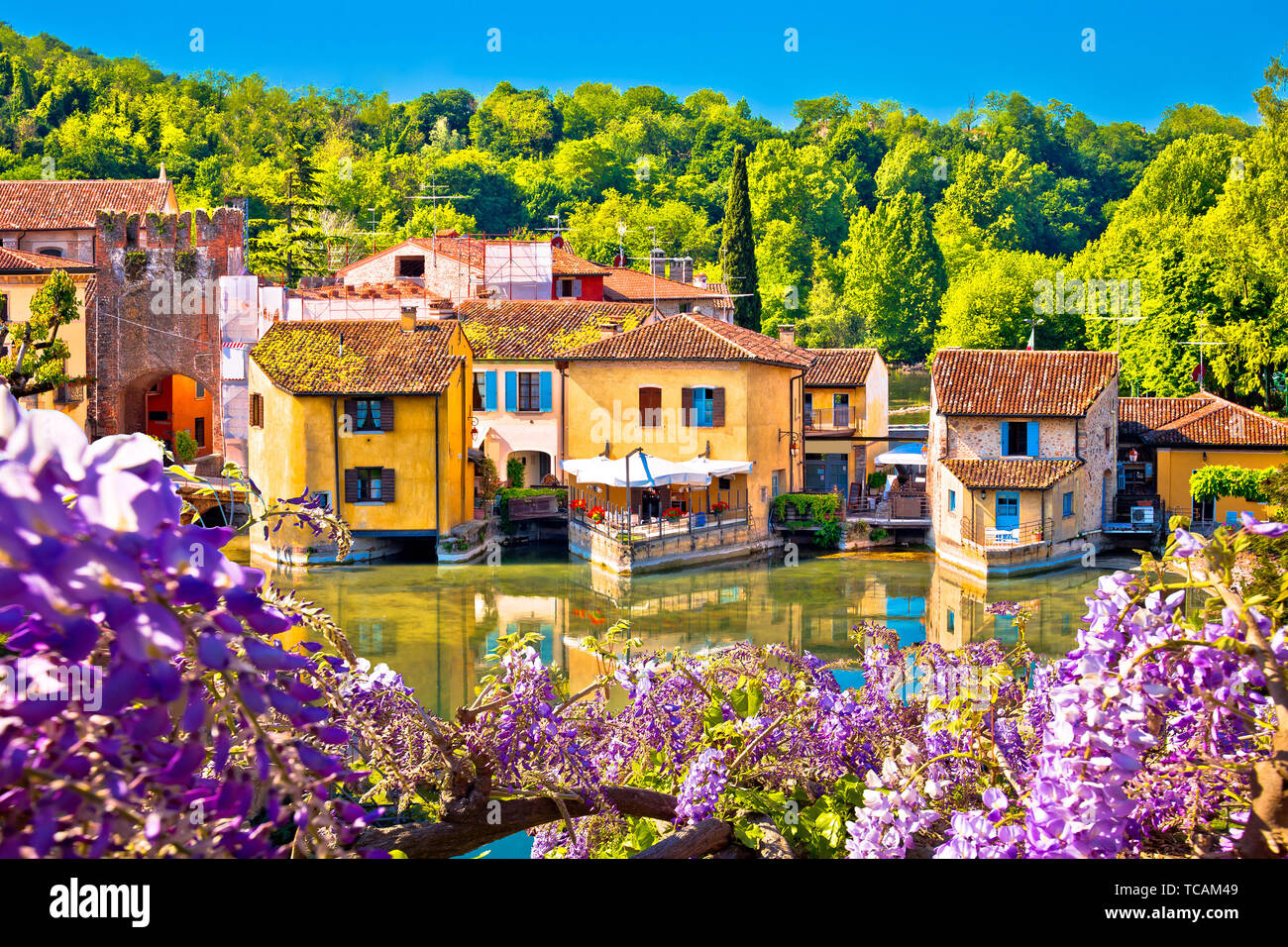 Fiume Mincio e idilliaco villaggio di Borghetto vista, regione italiana Veneto Foto Stock