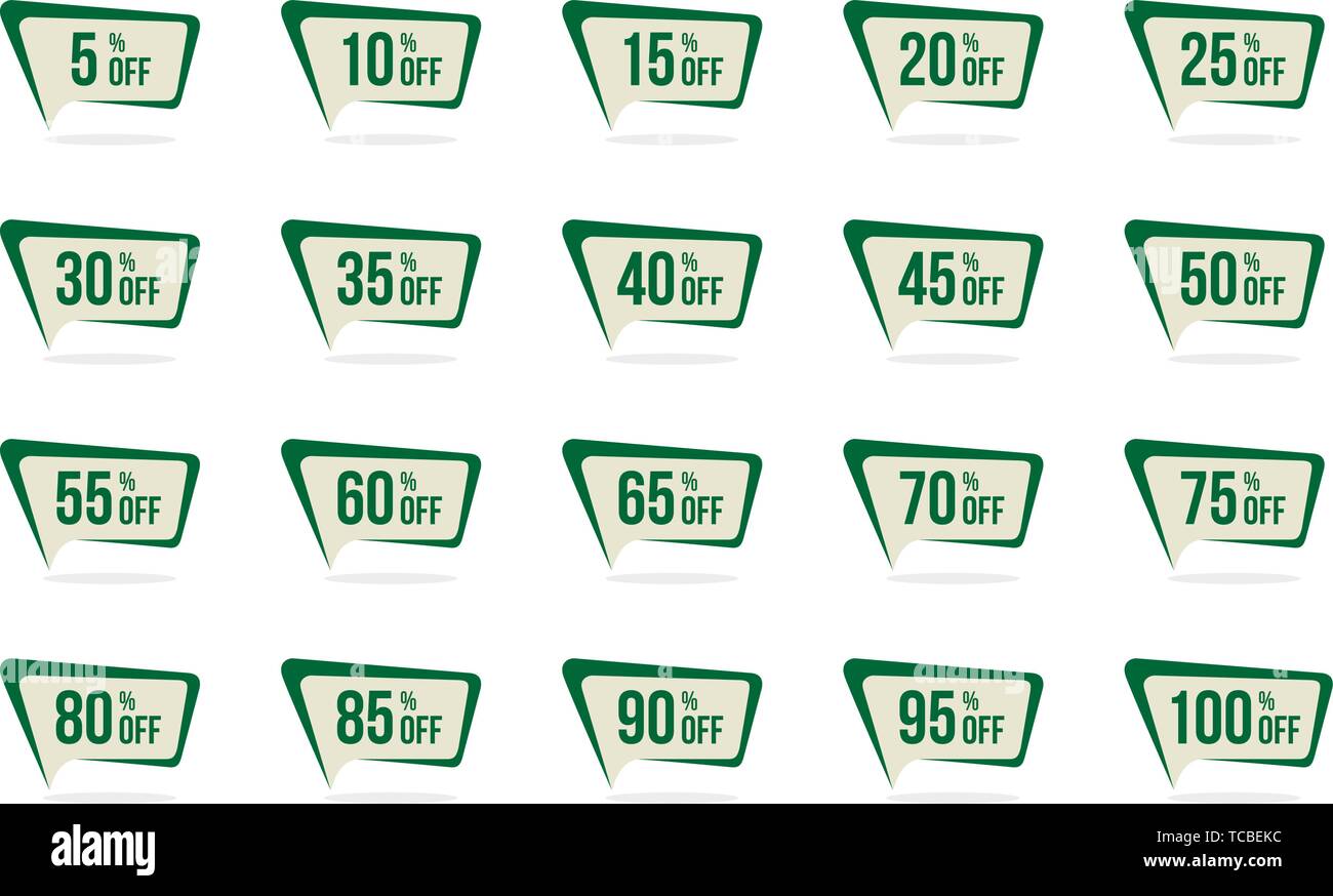 Verde moderno Vendita e prezzo scontato Tag Set 5, 10, 15, 20, 25, 30, 35, 40, 45, 50, 55, 60, 65, 70, 75, 80, 85, 90, 95, 100 percento di sconto vendita Il vettore Illustrazione Vettoriale