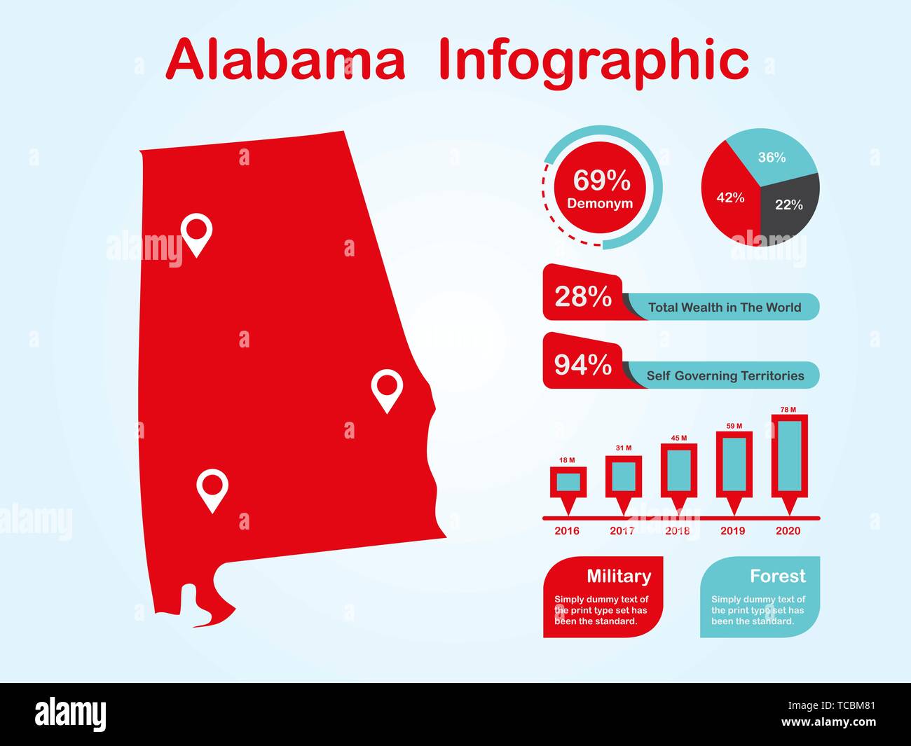 Stato in Alabama (USA) Mappa con set di elementi infografico in colore rosso alla luce dello sfondo. Informazioni moderno elemento di grafica per il tuo design. Illustrazione Vettoriale