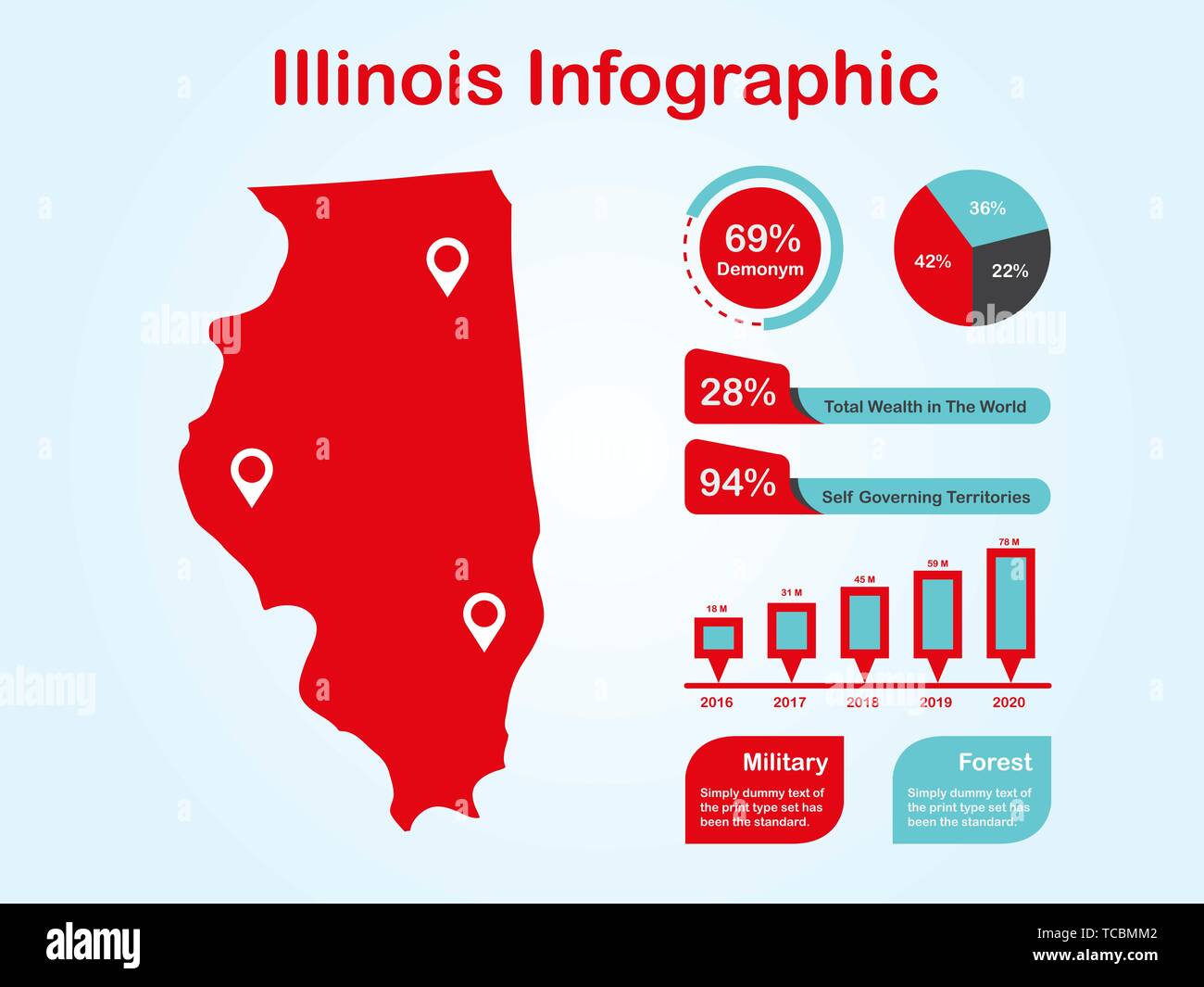 Stato di Illinois (USA) Mappa con set di elementi infografico in colore rosso alla luce dello sfondo. Informazioni moderno elemento di grafica per il tuo design. Illustrazione Vettoriale