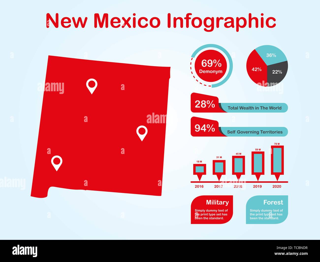 Stato del New Mexico (USA) Mappa con set di elementi infografico in colore rosso alla luce dello sfondo. Informazioni moderno elemento di grafica per il tuo design. Illustrazione Vettoriale