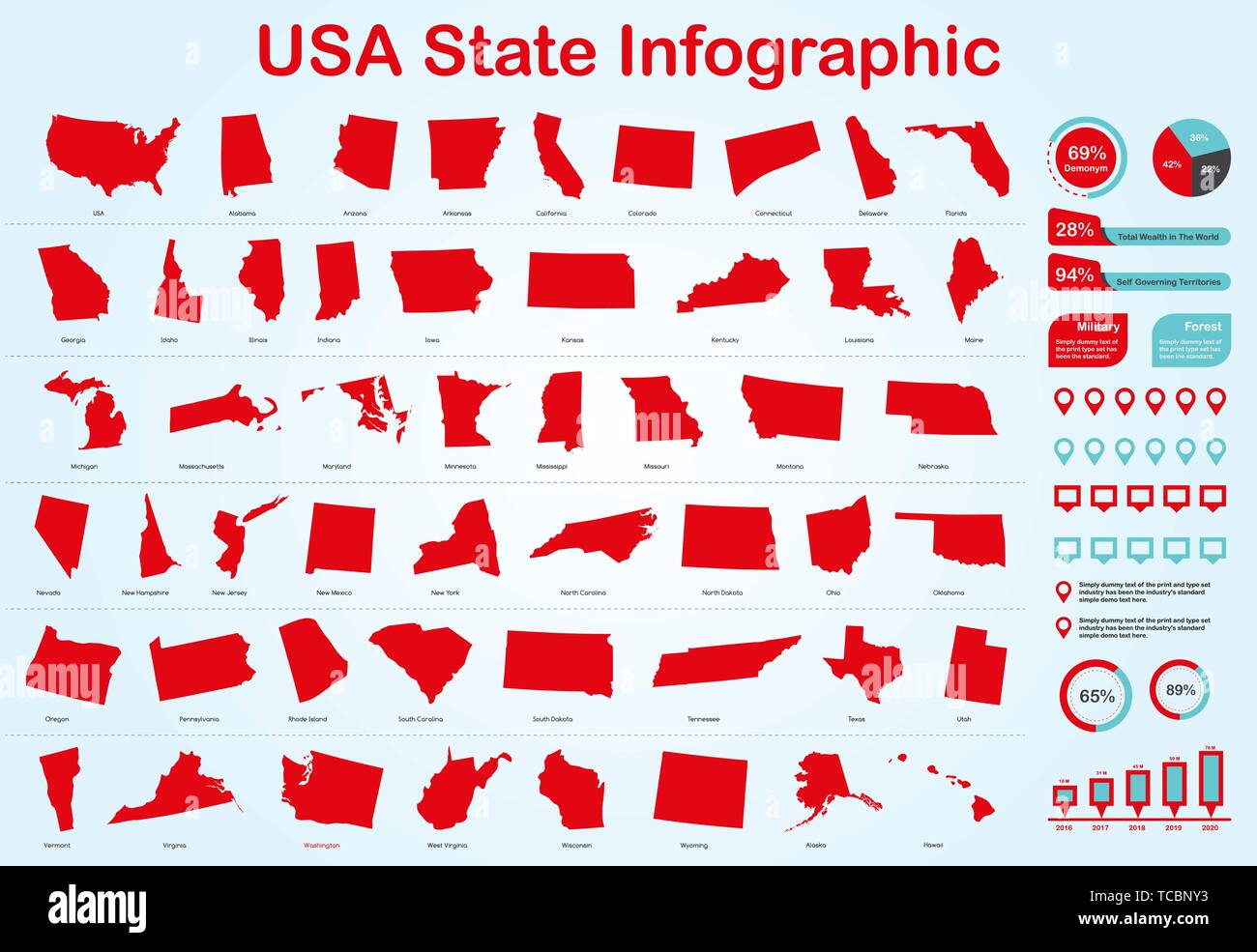 USA tutto lo stato Mappa con set di elementi infografico in colore rosso alla luce dello sfondo. Informazioni moderno elemento di grafica per il tuo design. Illustrazione Vettoriale