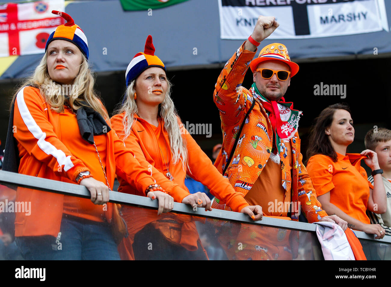 Guimaraes, Portogallo. Il 6 giugno, 2019. Paesi Bassi appassionati prima la UEFA Nazioni League Semi Final match tra Paesi Bassi e Inghilterra a Estadio D. Afonso Henriques sul 6 giugno 2019 a Guimaraes, Portogallo. (Foto di Daniel Chesterton/) Credit: Immagini di PHC/Alamy Live News Foto Stock