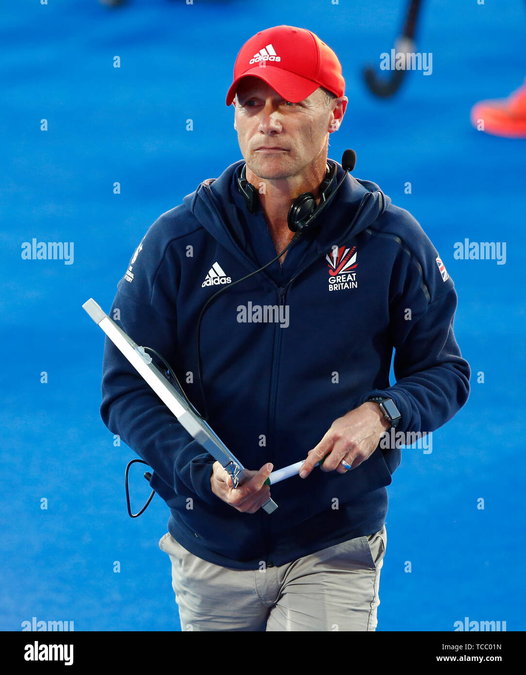 Londra, Regno Unito. Il 6 giugno, 2019. Londra, Inghilterra. 06 giugno: Andy Halliday Team Manager durante il connettore FIH Pro League tra la Gran Bretagna e la Germania a Lee Valley Hockey e il Centro Tennis il 06 giugno 2019 a Londra, Inghilterra. Credit: Azione Foto Sport/Alamy Live News Foto Stock