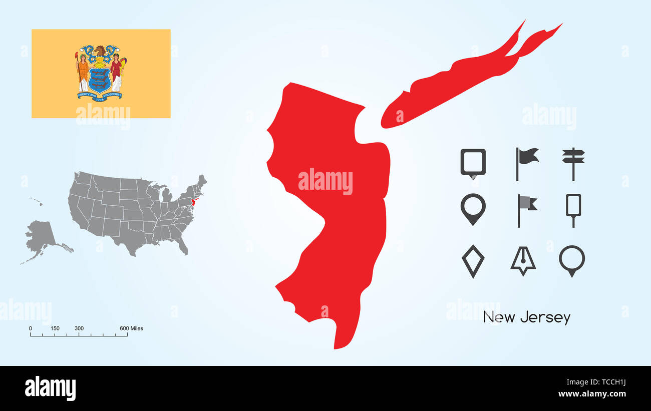 Mappa degli Stati Uniti d'America con lo stato selezionato del New Jersey e New Jersey bandiera con il localizzatore collezione. Foto Stock
