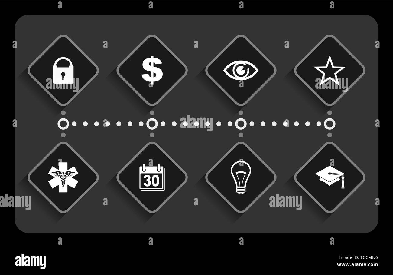 Infografico vettore modello per il flusso di lavoro, diagramma grafico, presentazione, grafico, business e concetto di settore con 8 opzioni Illustrazione Vettoriale