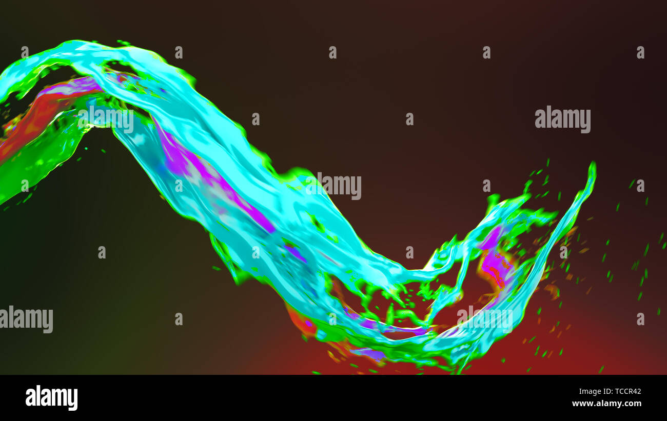 Abstract luminoso liquido colorato flusso a vortice con spruzzi 3D illustrazione Foto Stock