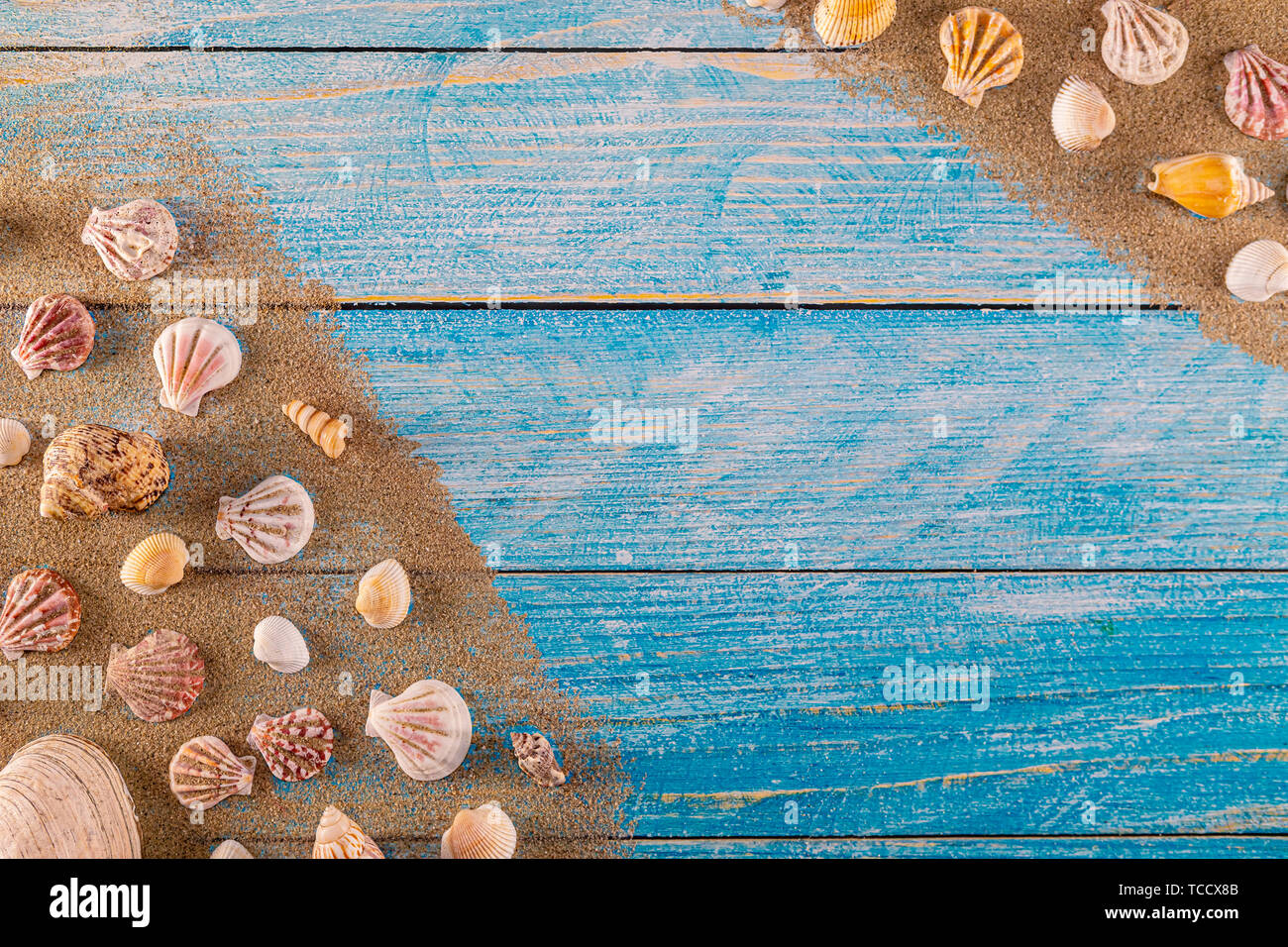 Orario estivo concetto con conchiglie di mare su un blu sullo sfondo di legno e sabbia. Seashells telaio su sfondo di legno confine nautico. Focus su seashells. Foto Stock