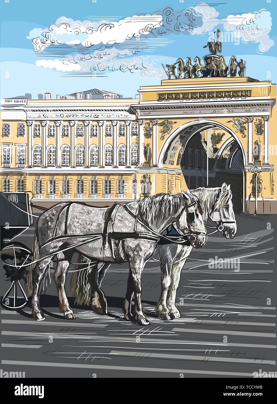 Vista su due cavalli e carrozze, l'Arco di Trionfo sulla Piazza del Palazzo a San Pietroburgo, Russia. Punto di riferimento di San Pietroburgo. Colorate ve isolato Illustrazione Vettoriale