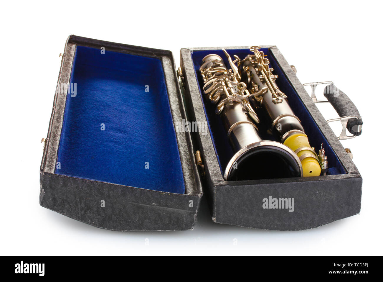 Antique clarinetto in caso isolato su bianco Foto Stock