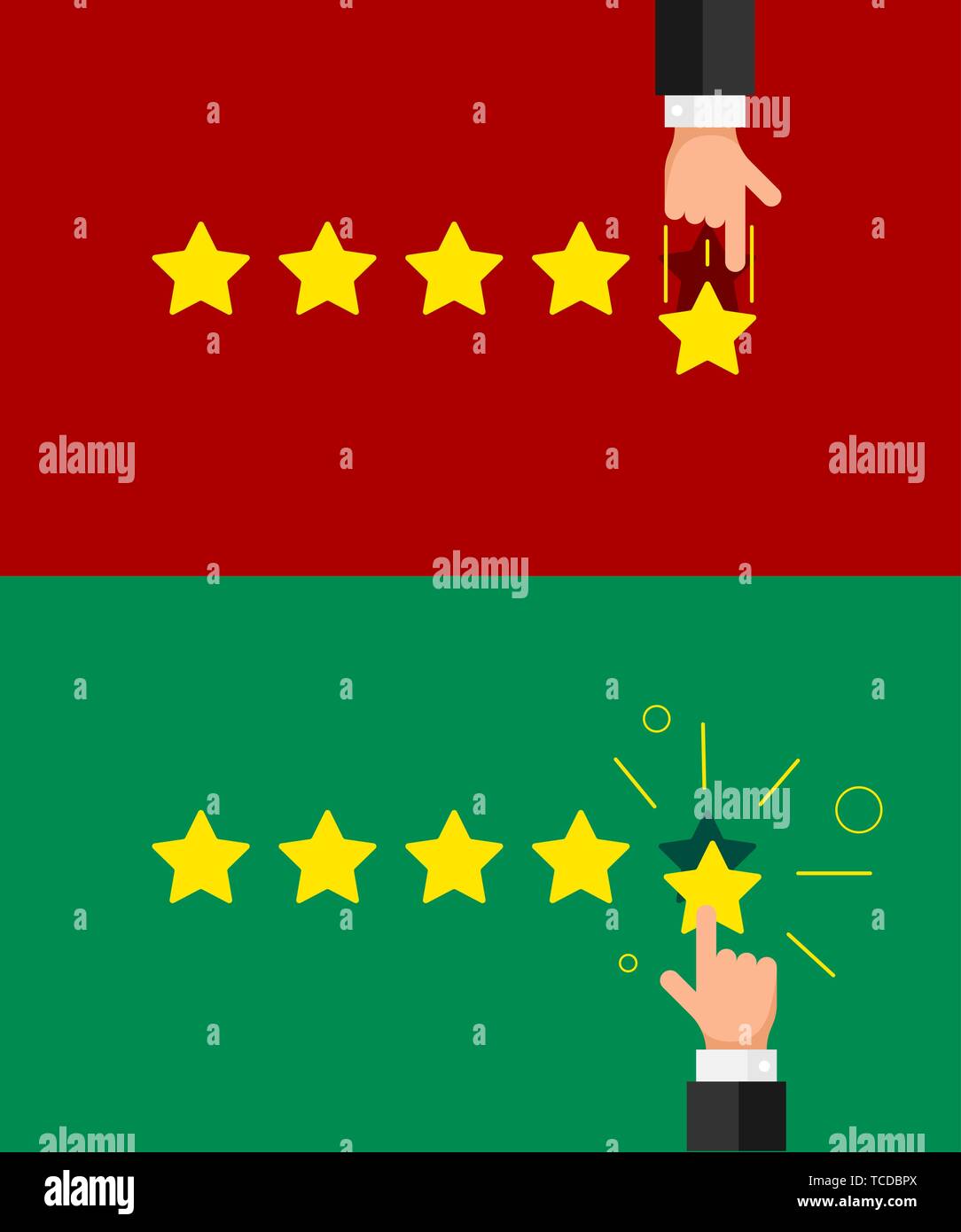 Imprenditore mano dare cinque stelle buono e positivo bad feedback negativo. La reputazione di qualità, customer review stile piatto concetto. Vector illu Illustrazione Vettoriale