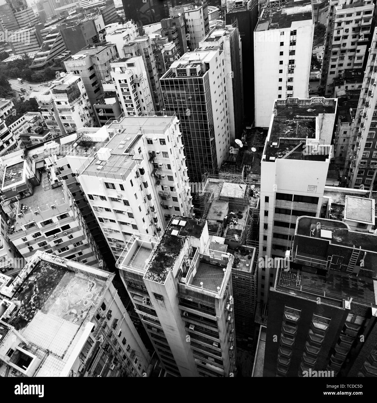 Edifici residenziali a Hong Kong city dal di sopra, Cina. Immagine in bianco e nero Foto Stock