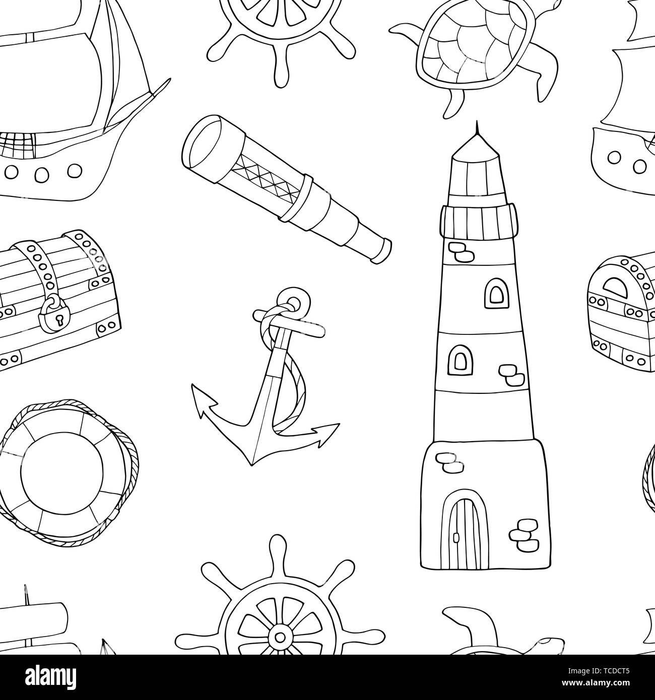 Doodle seamless pattern sul tema marino: nave faro, Lifeline, ancoraggio,  volante, telescopio, tartarughe marine. Pagina da colorare per bambini e  adulti Immagine e Vettoriale - Alamy