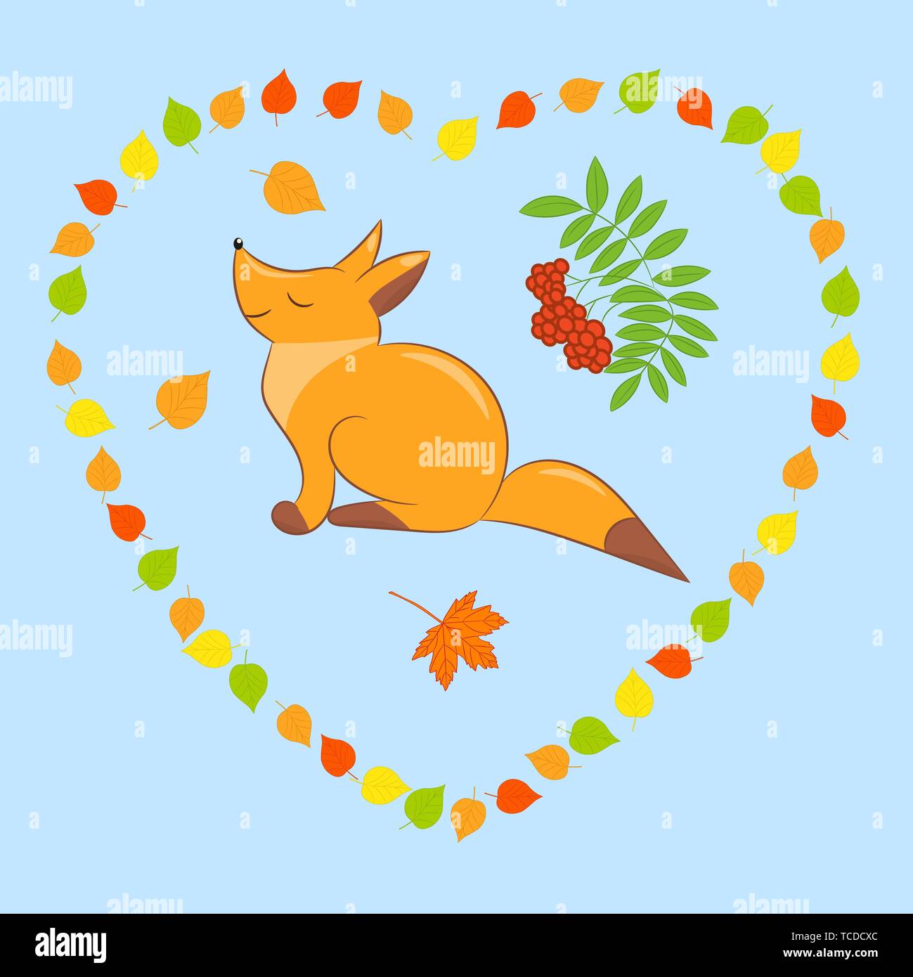 Vector Red Fox nel cuore di colorate Foglie di autunno su sfondo blu Illustrazione Vettoriale