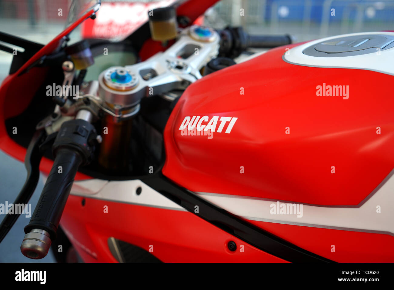 Montreal, Canada,Giugno 6, 2019.Close-up di una moto Ducati serbatoio gas.Montréal, Québec, Canada.Credit:Mario Beauregard/Alamy Live News Foto Stock