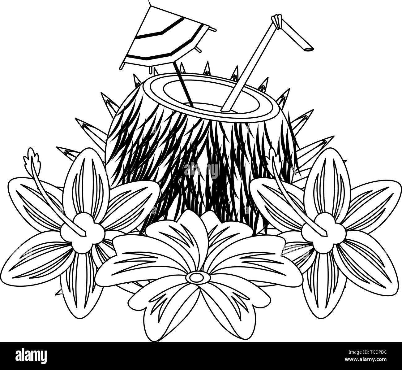 Cocktail di noce di cocco con icona ombrello in bianco e nero Illustrazione Vettoriale
