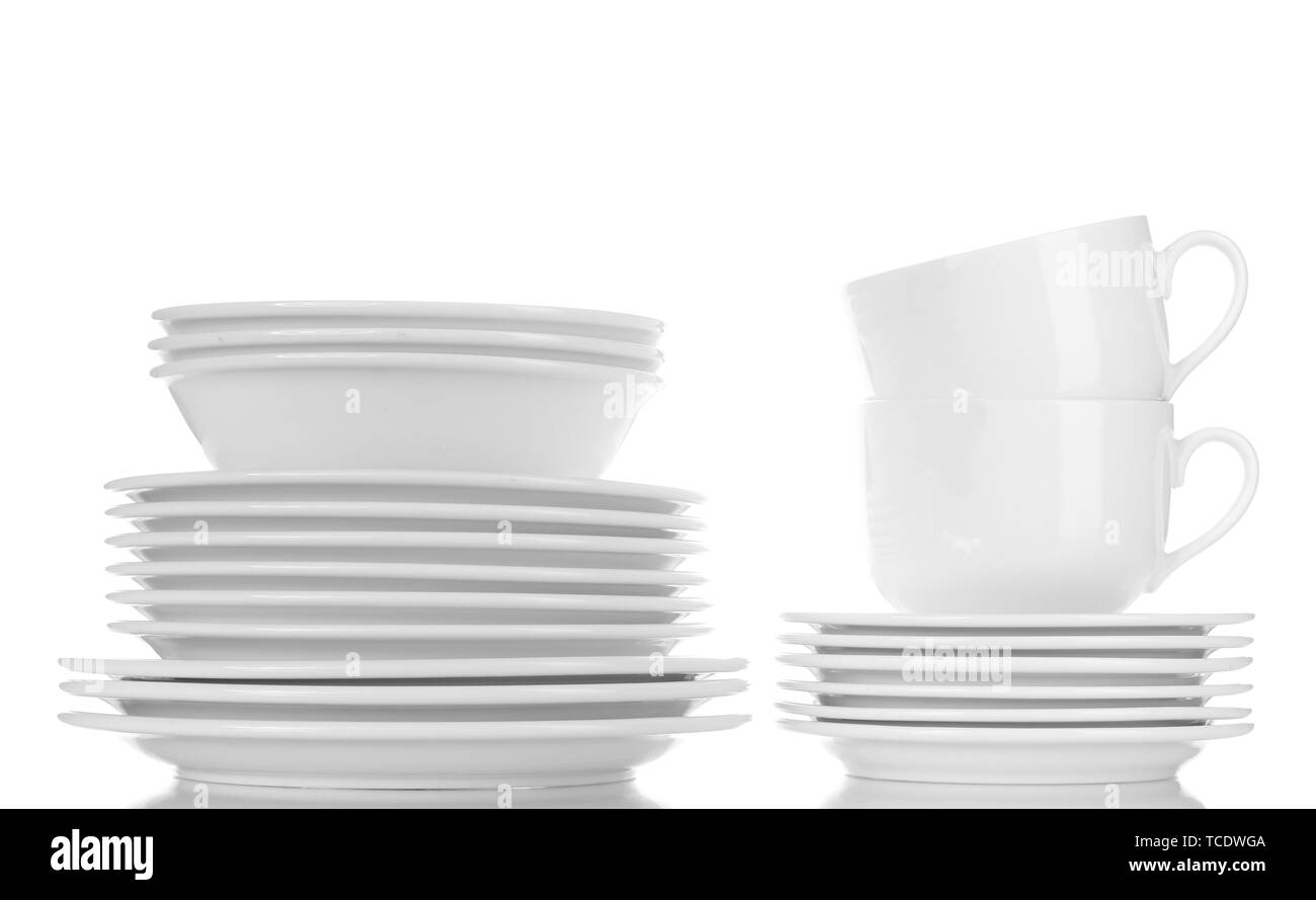 Svuotare ciotole, piatti e tazze di isolato su bianco Foto Stock