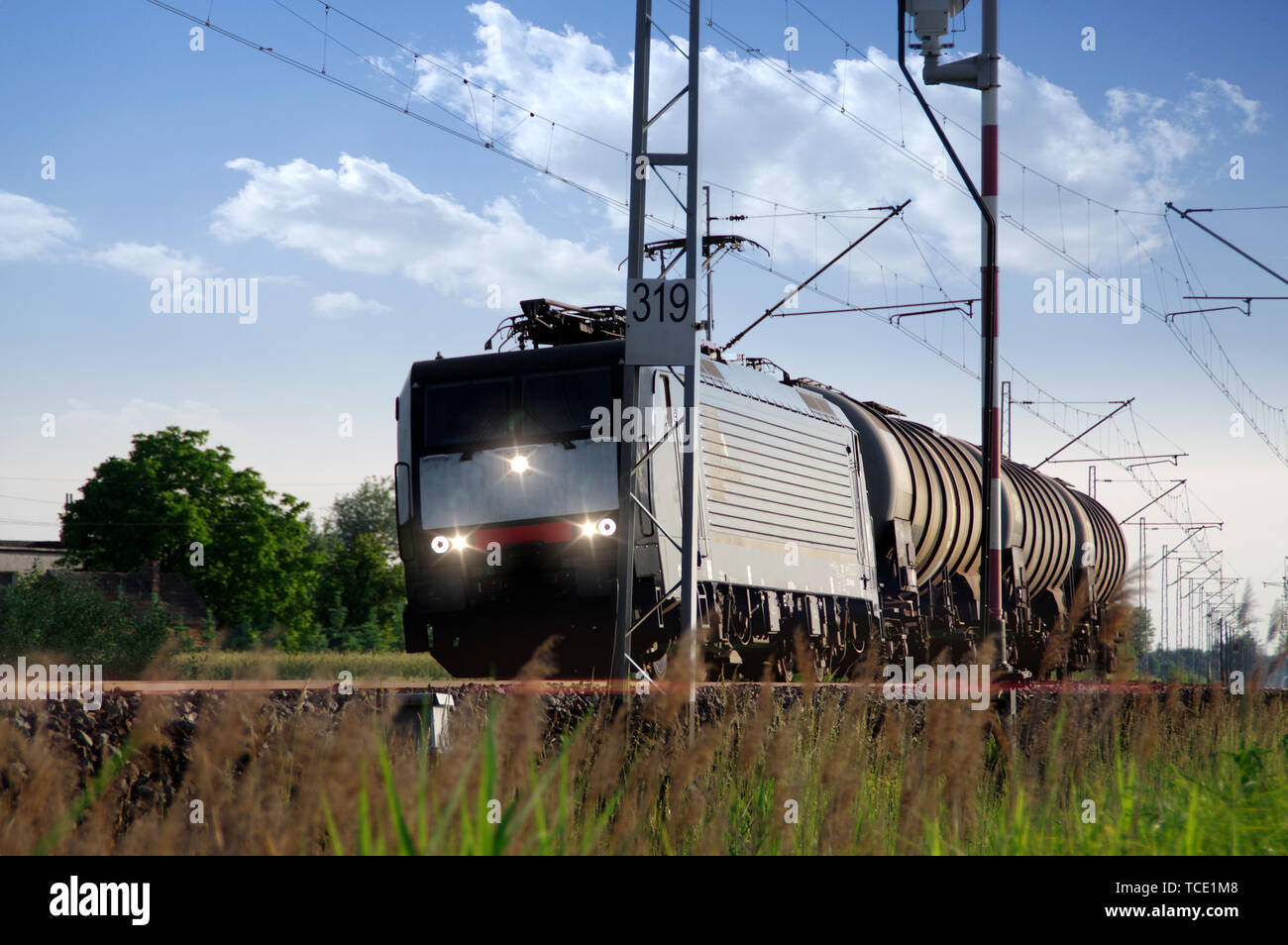 Fast treno elettrico sulle vie. Il trasporto merci trasporto ferroviario in Europa. Foto Stock