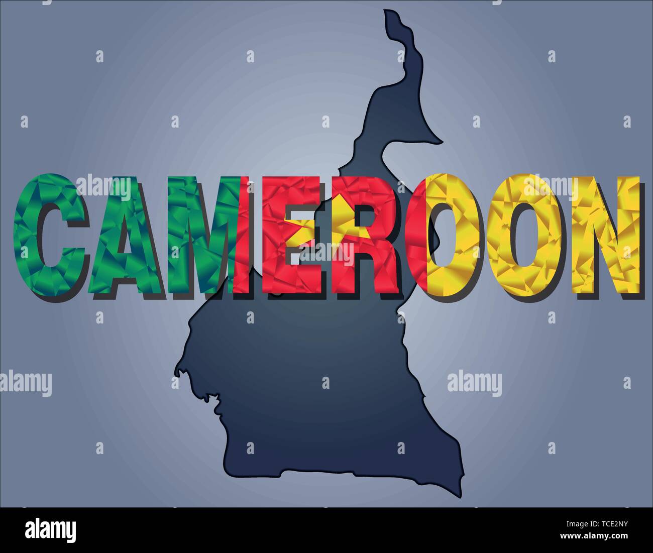I contorni del territorio del Camerun e del Camerun parola nei colori della bandiera nazionale, verde, giallo e rosso. Africa il continente Illustrazione Vettoriale
