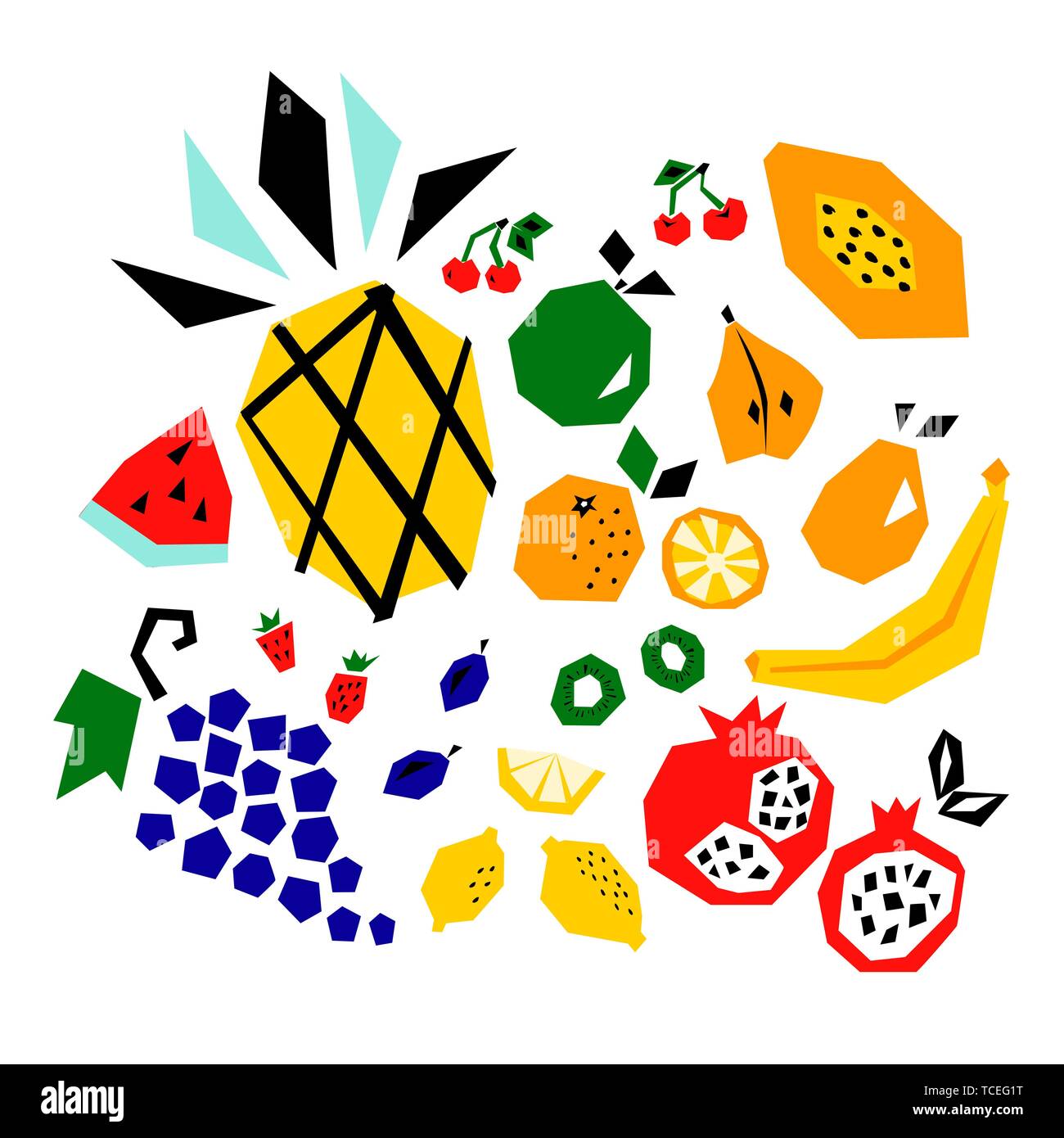Il vettore gruppo isolato di intaglio frutta ananas, mela, arance, kiwi, pere, i limoni, le ciliege, le fragole. Illustrazione Vettoriale. Illustrazione Vettoriale
