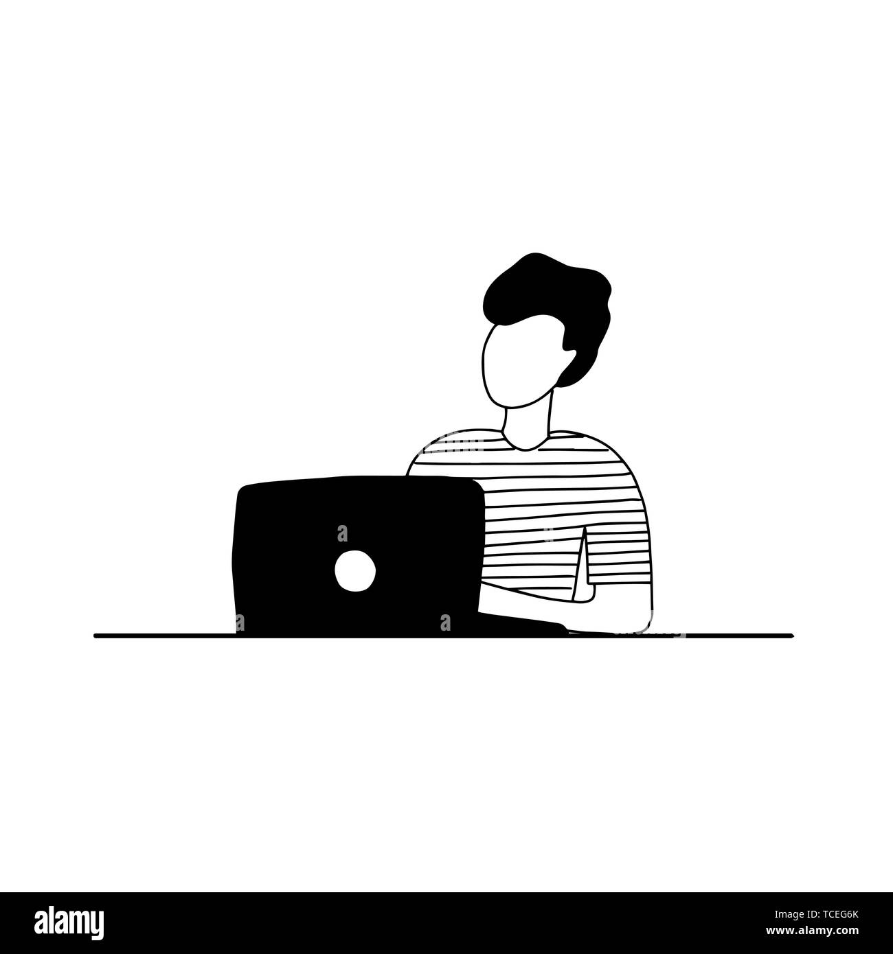 Giovane uomo seduto nella parte anteriore del computer portatile su sfondo bianco. Libero professionista. Il lavoro on line. Lavoro a casa. Disegnata a mano illustrazione vettoriale. Illustrazione Vettoriale