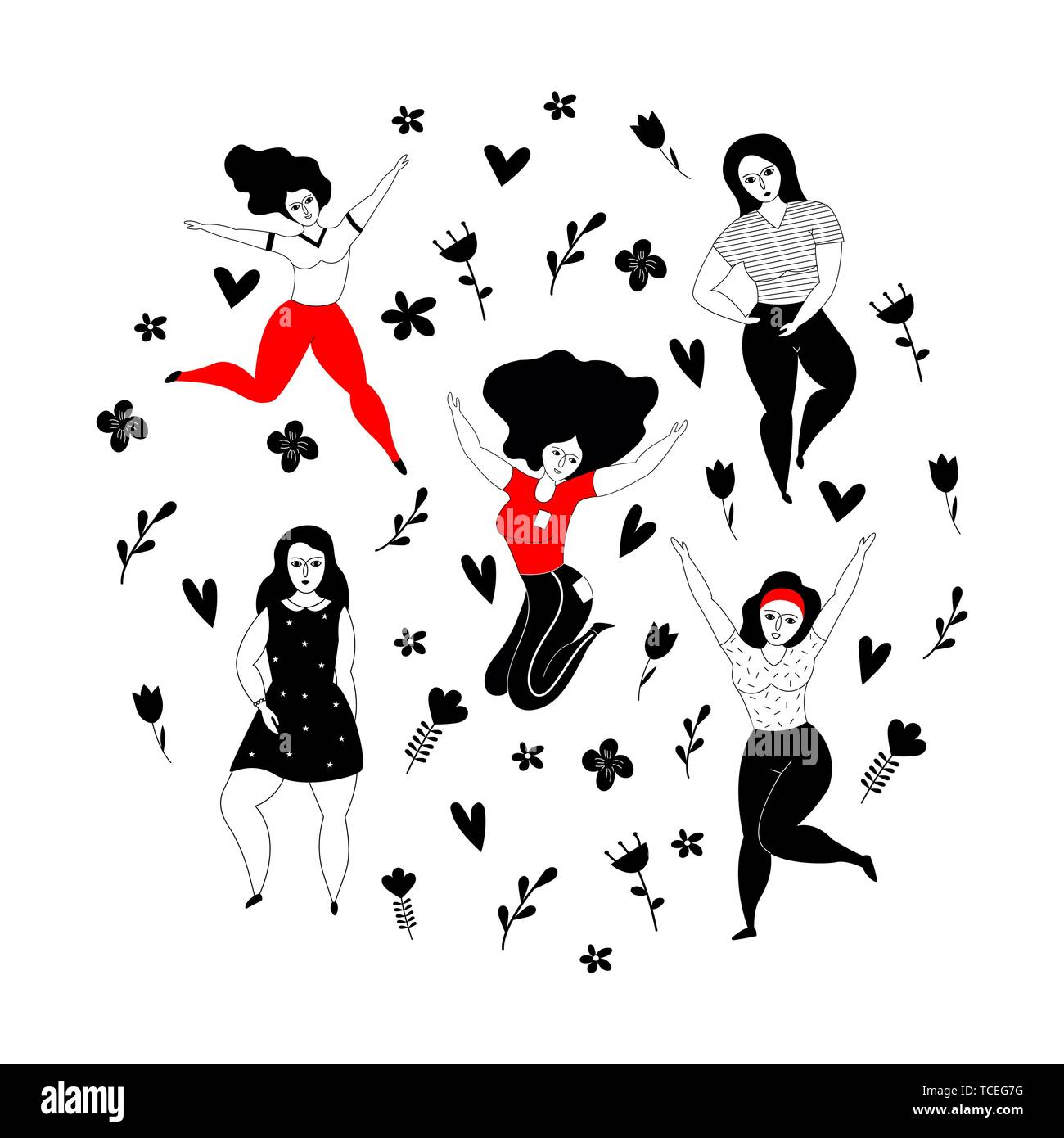 Happy plus size ragazze su uno sfondo bianco. L'amicizia. Giornata della donna. Disegnata a mano illustrazione vettoriale. Illustrazione Vettoriale