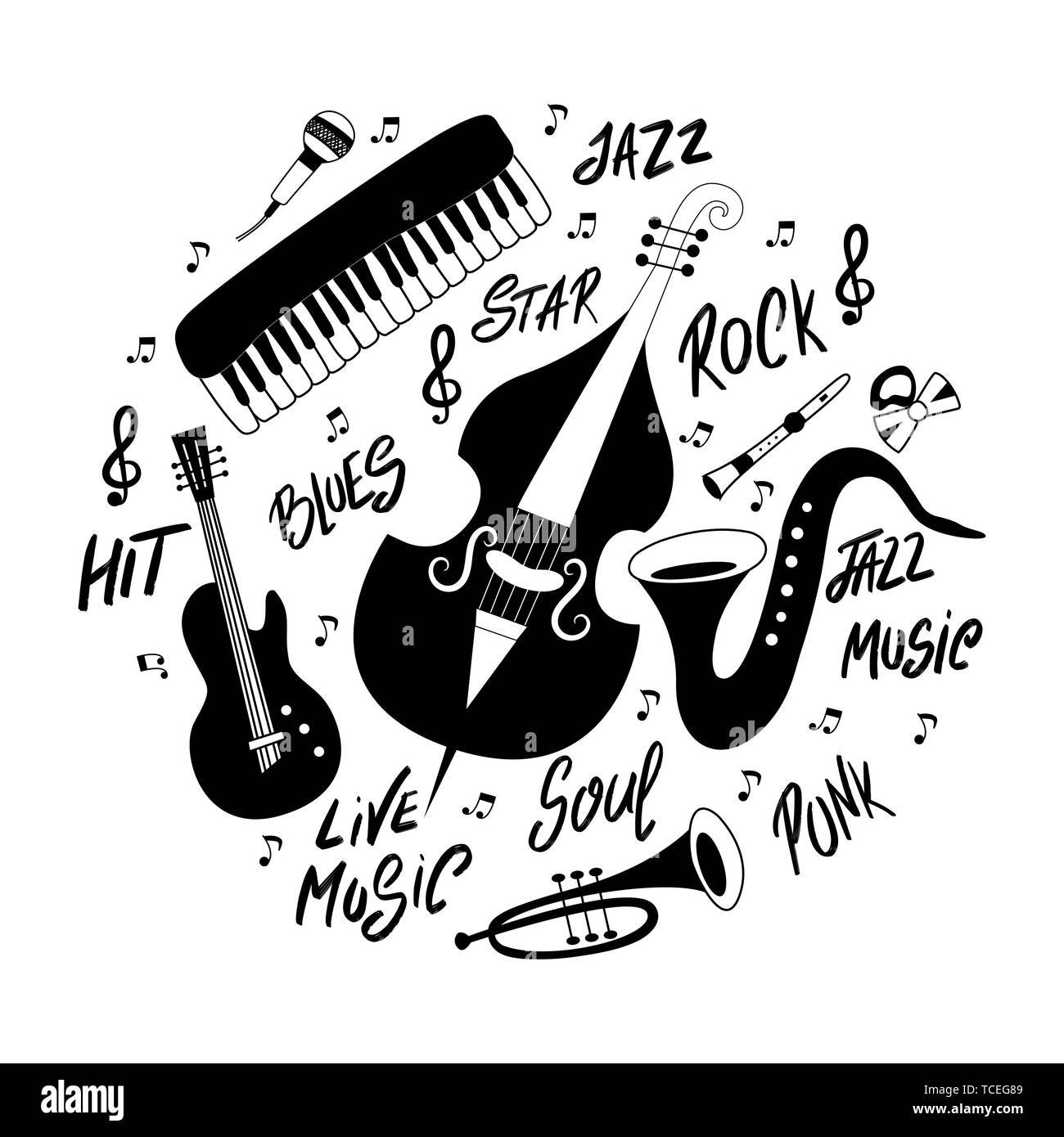 Set musical instruments Foto e Immagini Stock in Bianco e Nero - Alamy