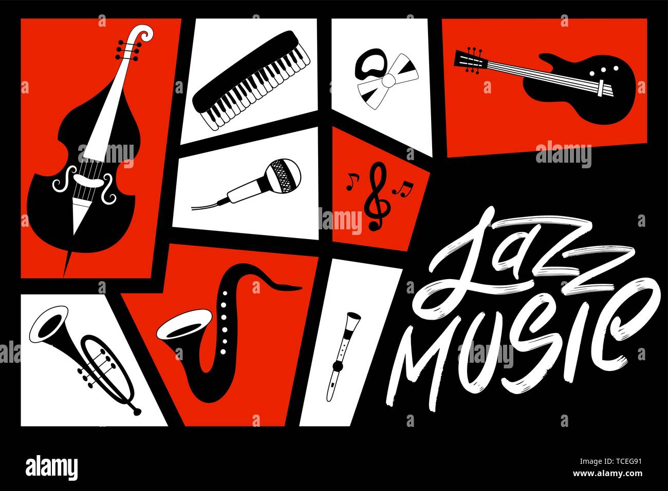 Festival di musica Jazz poster con strumenti musicali (Pianoforte, tubo, chitarra, violoncello, sassofono, microfono e trombe). International Jazz giorno. Vettore h Illustrazione Vettoriale