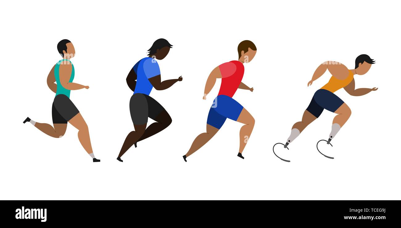 Una persona disabile è coinvolto nel correre una maratona. Jogging di uomini. I partecipanti della manifestazione di atletica cercando di correre più di ogni altro. Illustrazione Vettoriale. Illustrazione Vettoriale