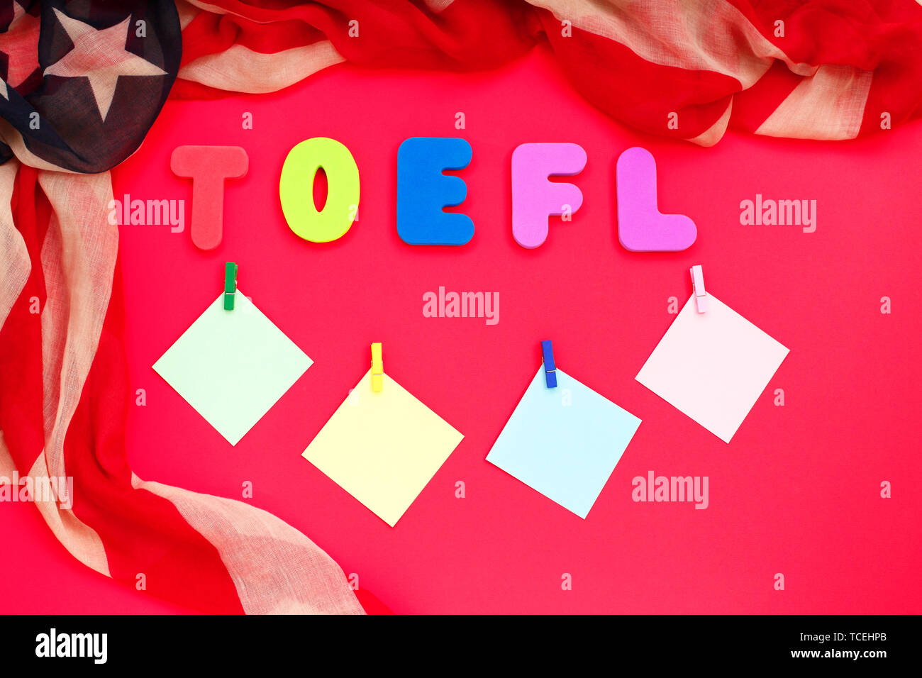 Esame TOEFL. Lingua Inglese Concept. Il test di inglese come lingua straniera. Studiare inglese concept Foto Stock