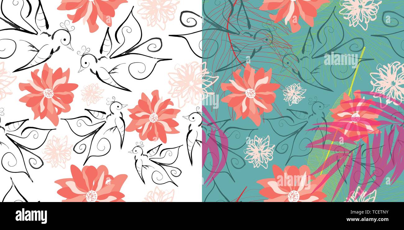 Set di due seamless pattern con uccelli e fiori uno sfondo bianco e di altri colori Illustrazione Vettoriale