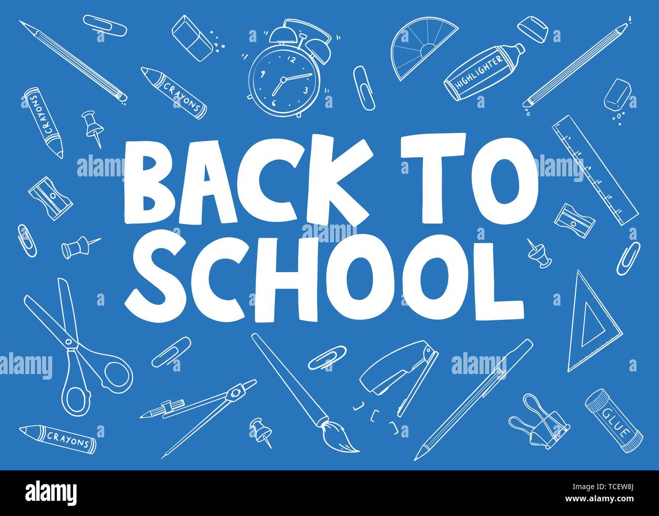 Si torna a scuola doodle con attrezzi fissi. Illustrazione Vettoriale blueprint per scarabocchiare sullo sfondo largo. Disegnata a mano contorno di attrezzi fissi. Illustrazione Vettoriale