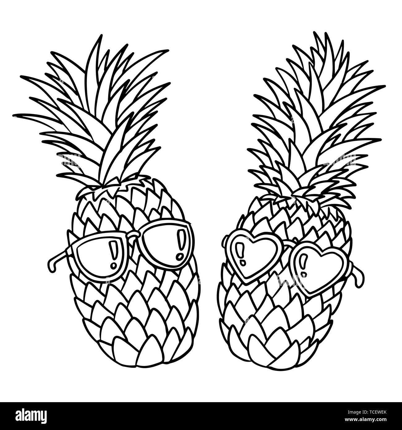 Ananassi indossando occhiali da sole, contorno nero su sfondo bianco. Succo di ananas, frutta tropicale, estate vacanza, concetto, spiaggia, viaggi. V Illustrazione Vettoriale