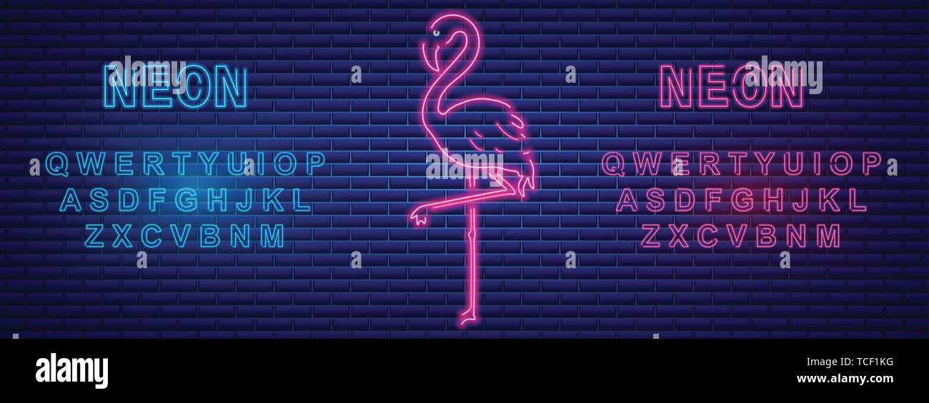 Fenicotteri al neon banner con alfabeto neon vettore. Il testo dell'etichetta segnaletica cartellonistica Illustrazione Vettoriale