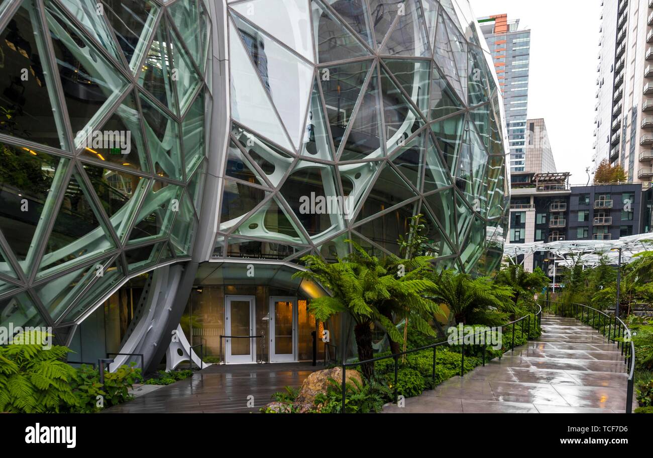 Moderno edificio di Amazon con un giardino, Amazon sfere, sfere, Seattle,  Washington, USA, America del Nord Foto stock - Alamy