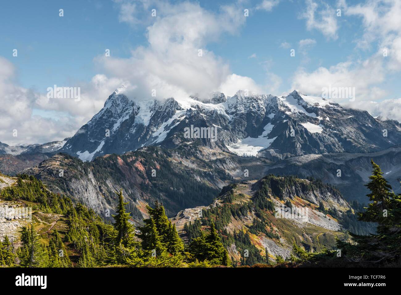 Mt. Shuksan con neve e ghiacciai, Mt. Baker-Snoqualmie Foresta Nazionale, Washington, USA, America del Nord Foto Stock