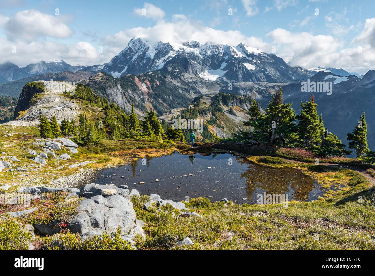 Piccolo lago di montagna alla montagna del piano portapaziente, vista di Mt. Shuksan con neve e ghiacciai, Mt. Baker-Snoqualmie Foresta Nazionale, Washington, Stati Uniti d'America, Nord Amer Foto Stock
