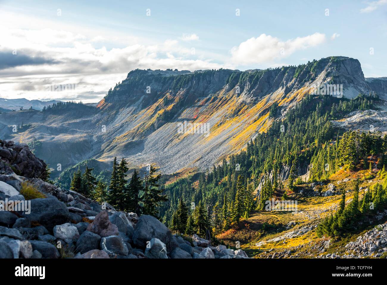 Paesaggio di montagna in autunno, il piano portapaziente Mountain, Mount Baker-Snoqualmie Foresta Nazionale, Washington, USA, America del Nord Foto Stock