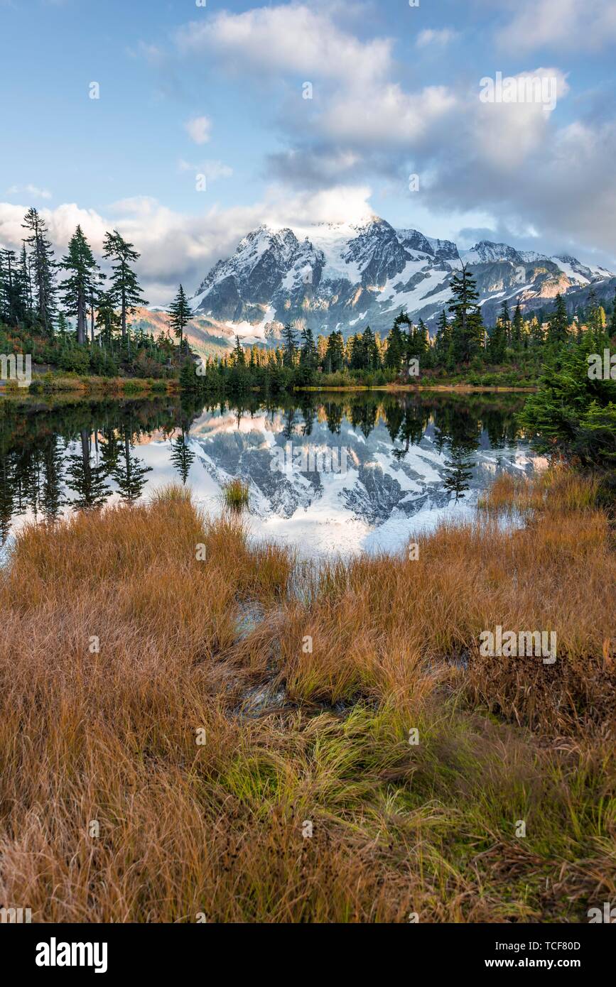 Mt. Shuksan ghiacciaio con neve con la riflessione in Foto Lago e boscoso paesaggio di montagna, Mt. Baker-Snoqualmie Foresta Nazionale, Washington, Stati Uniti d'America, né Foto Stock