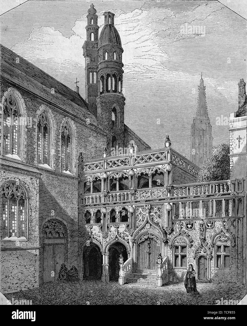 Basilica del Sangue Sacro, Basilique du Saint-Sang, un cattolico romano basilica di Bruges, 1860, storico xilografia, Belgio, Europa Foto Stock